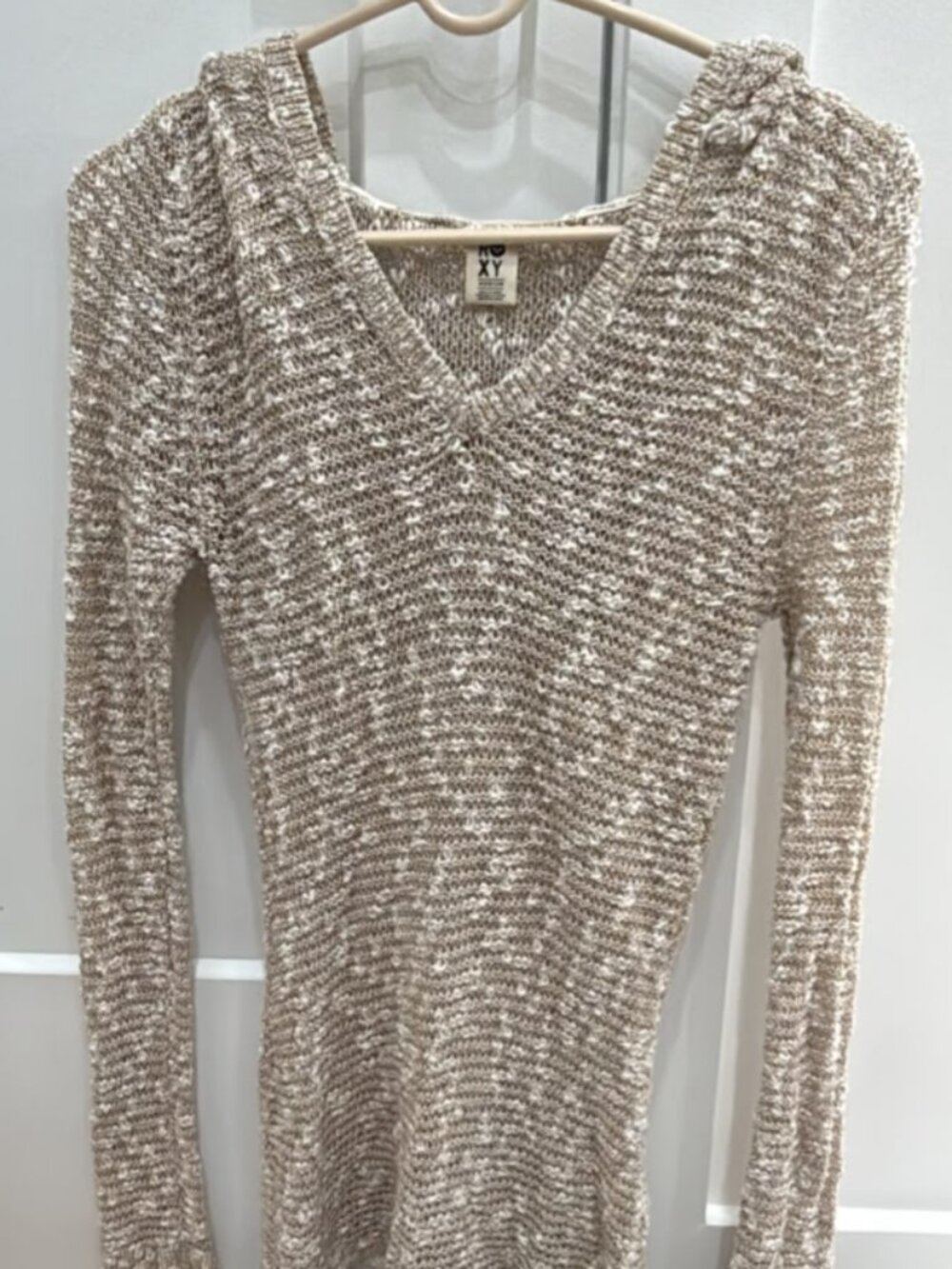 Roxy Womens Beige Open Knit V-Neck Hooded Sweater Size M